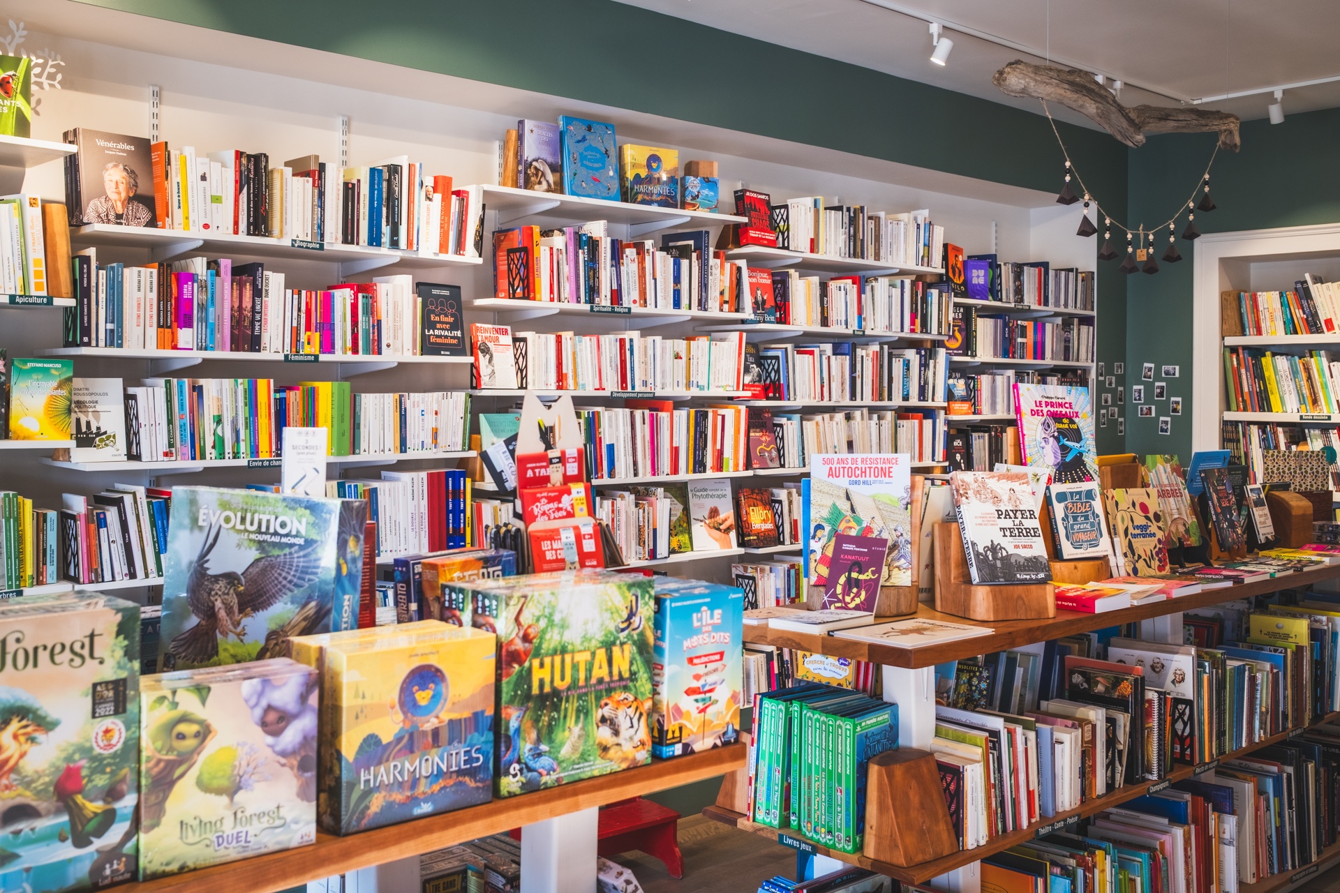 Rayonnages de livres sur la nature et l'écologie